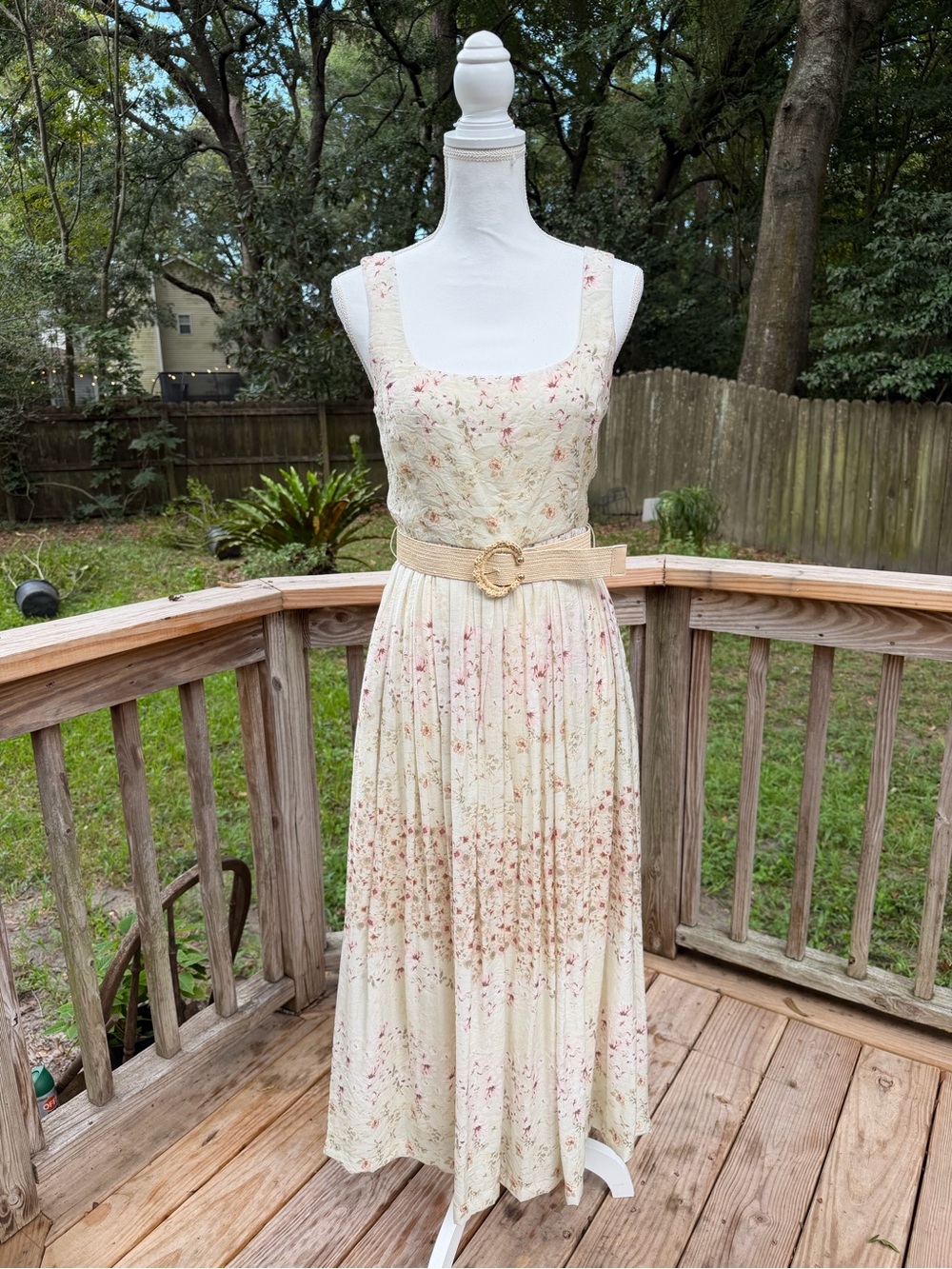 Taylor Cream Floral Maxi Dress with Pink Accents and Woven Belt